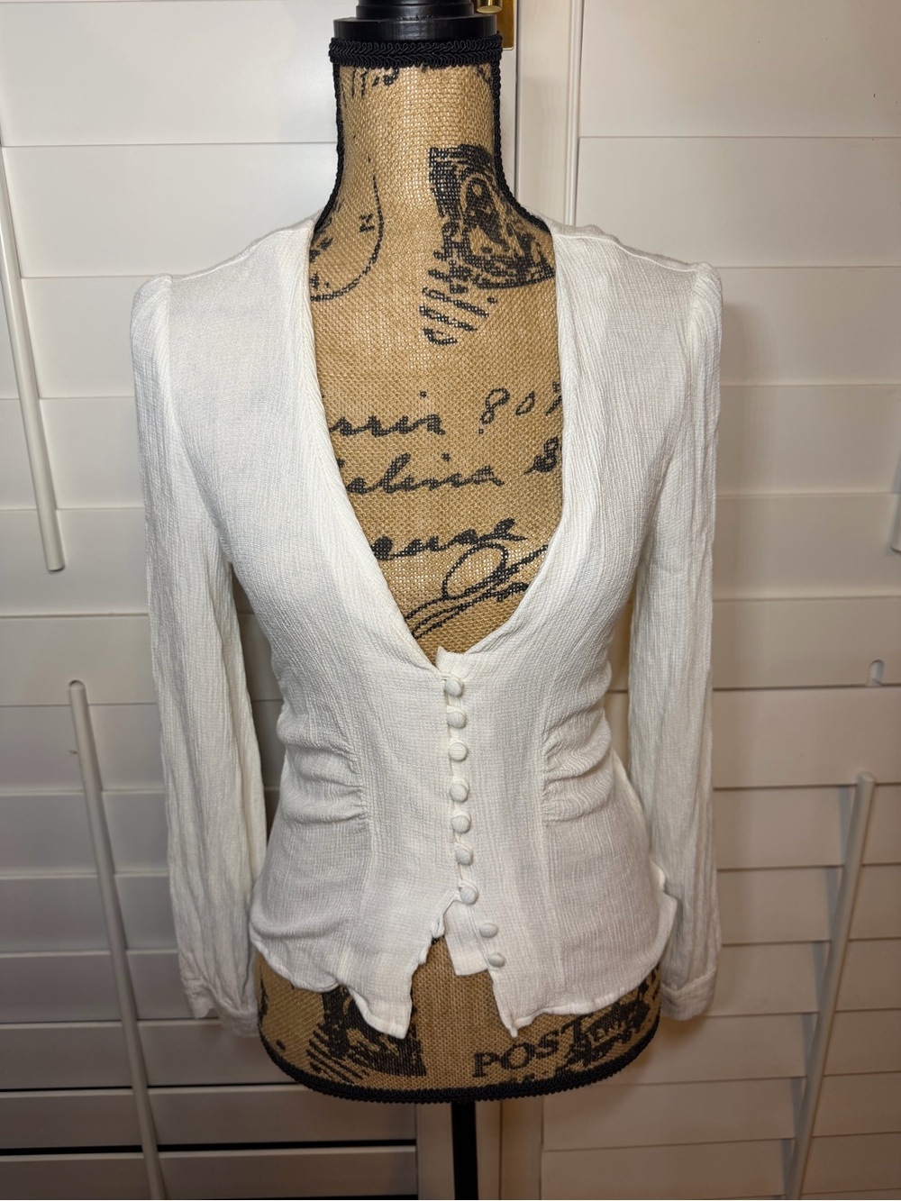 Free People Cream Textured V-Neck Button Blouse